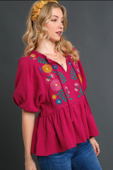 Umgee Full Size Cotton Gauze Floral Embroidery Babydoll Blouse Plus Size OutfitFlow